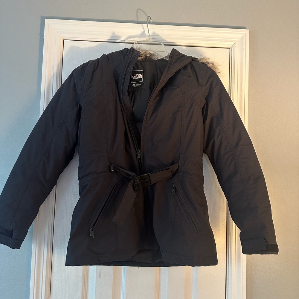 The North Face Black Hooded Belted Puffer Coat with Faux Fur Trim